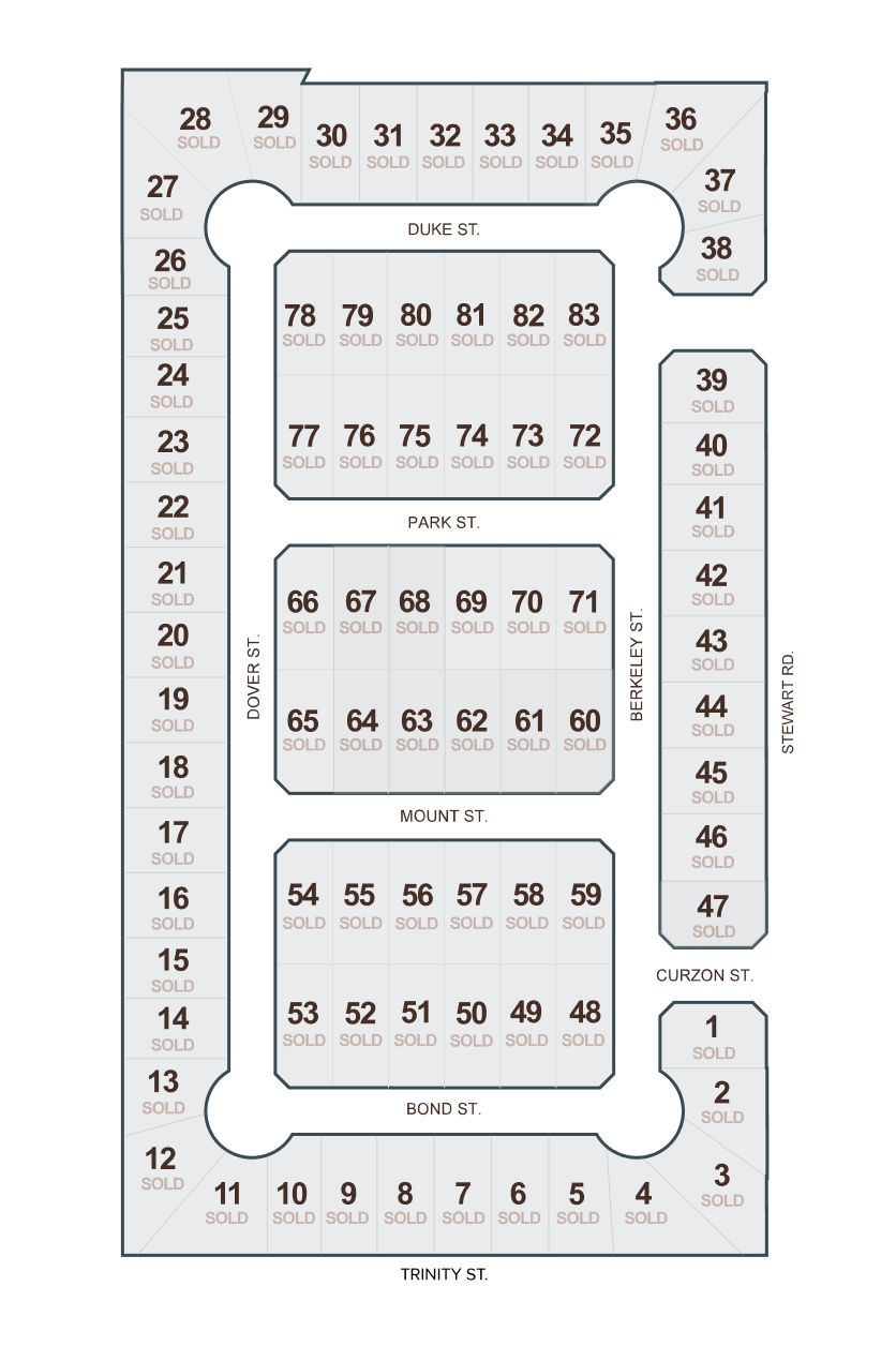 A chart showing sold lots for homes. layout with labeled streets and seat numbers.