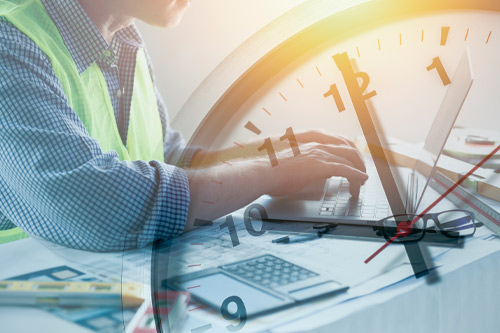 Engineer builder busy overlay times clock for working hours work compete with building timeline or project time frame.